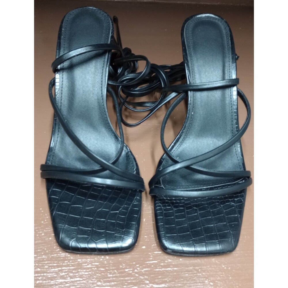 Black Heels With Calf Tie Style, Elegant Leather Shoes, Size 8 (39)